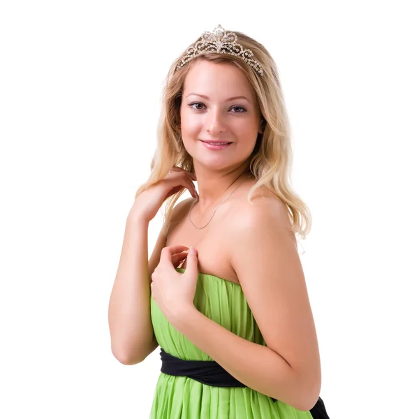 Woman in a green dress with diadem — Stock Photo, Image