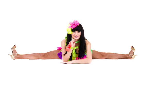 Beautiful carnival dancer woman doing splits — Stock Photo, Image