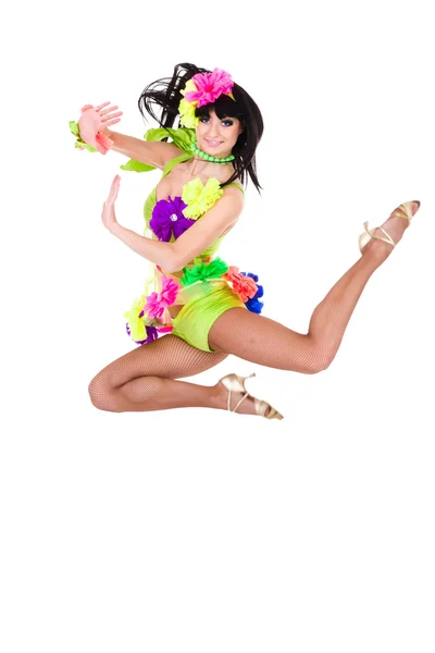 Beautiful carnival dancer woman jumping — Stock Photo, Image