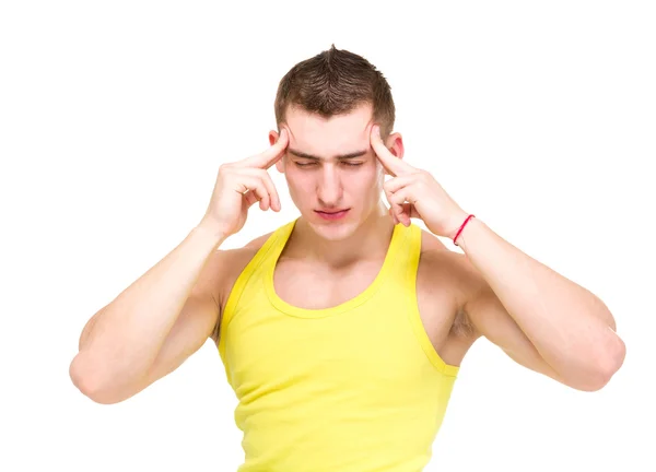 Young man with headache, isolated on white — Stock Photo, Image