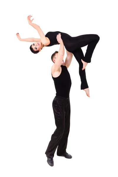 Twee jonge moderne acrobaten poseren op wit — Stockfoto