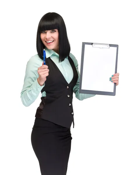 Businesswoman hold white blank paper — Stock Photo, Image