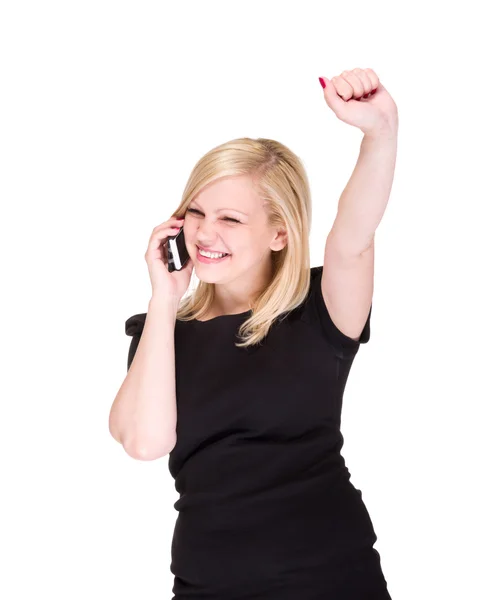 Mulher de negócios no telefone ganhando sobre branco — Fotografia de Stock