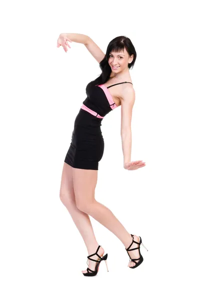 Smiling woman in little black dress on white — Stock Photo, Image