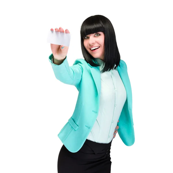Kobieta trzymaj biały papier blank — Zdjęcie stockowe