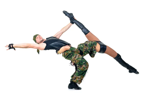 Military dancer couple dressed in camouflage costumes — Stock Photo, Image