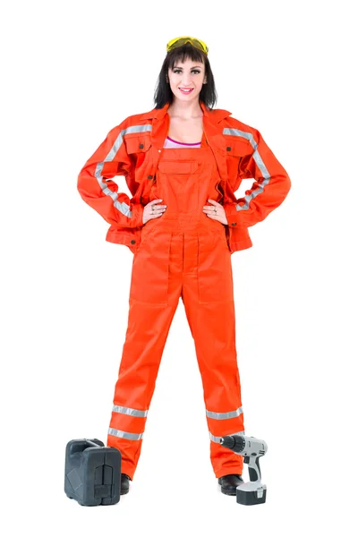 Young builder woman with a drill — Stock Photo, Image