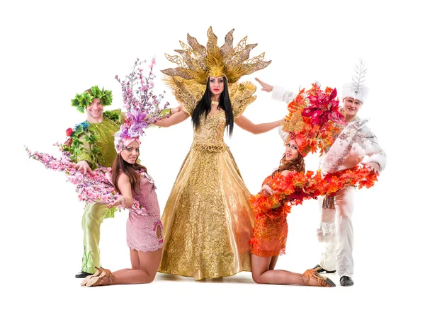 Dancer team wearing carnival costumes dancing — Stock Photo, Image