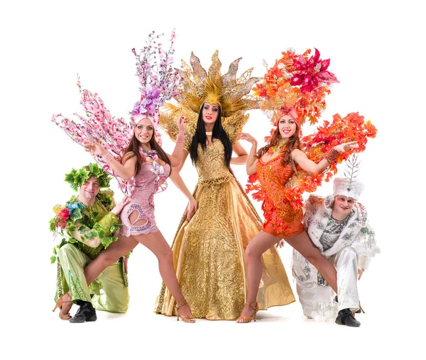 Dancer team wearing carnival costumes dancing — Stock Photo, Image