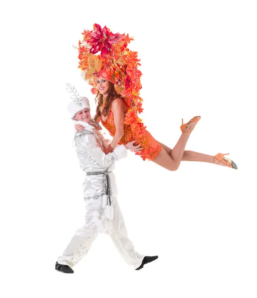 Dancer team wearing carnival costumes dancing — Stock Photo, Image