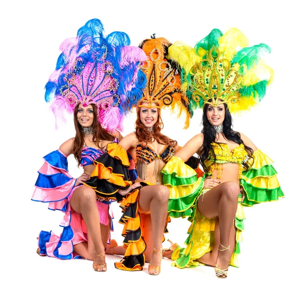 Dancer team wearing carnival costumes dancing — Stock Photo, Image