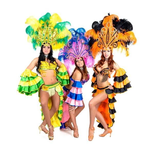 Equipe dançarina vestindo trajes de carnaval dançando — Fotografia de Stock