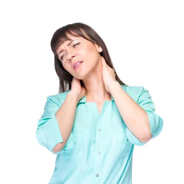 Nurse or woman medical doctor having neck pain — Stock Photo, Image