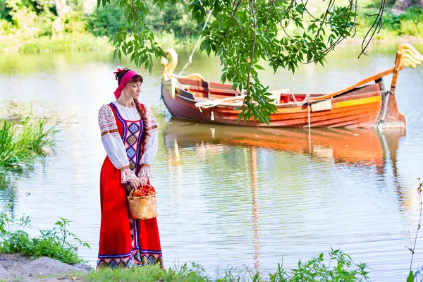 Woman in dress suit stylized Ukrainian folk — Stock Photo, Image