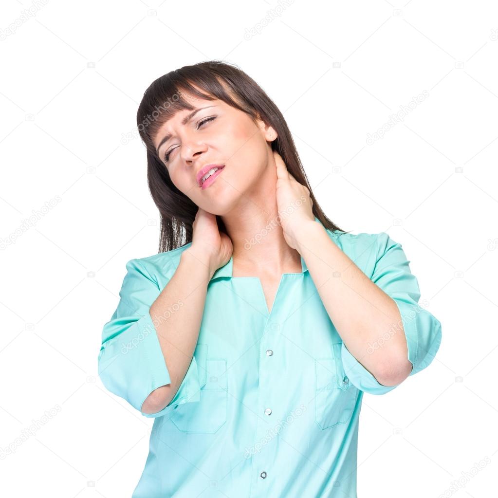 Nurse or woman medical doctor having neck pain