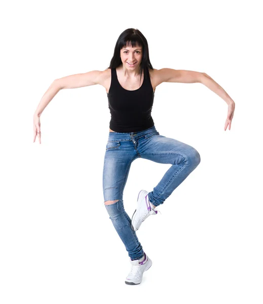 Young dancer woman dancing against white background — Stock Photo, Image