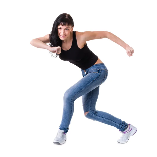 Jovem dançarina dançando contra fundo branco — Fotografia de Stock