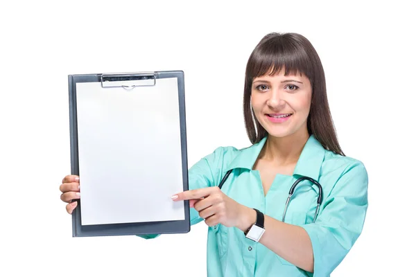 Mujer joven médico con cuaderno — Foto de Stock