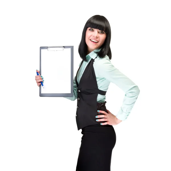 Portrait de heureuse jeune femme d'affaires isolée sur blanc — Photo