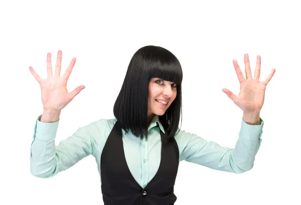 Retrato de una joven mujer de negocios feliz aislada en blanco —  Fotos de Stock