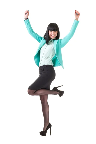 Full length of beautiful business woman showing — Stock Photo, Image