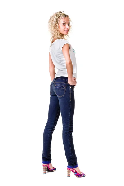 Full body young woman in casual clothes isolated over a white — Stock Photo, Image