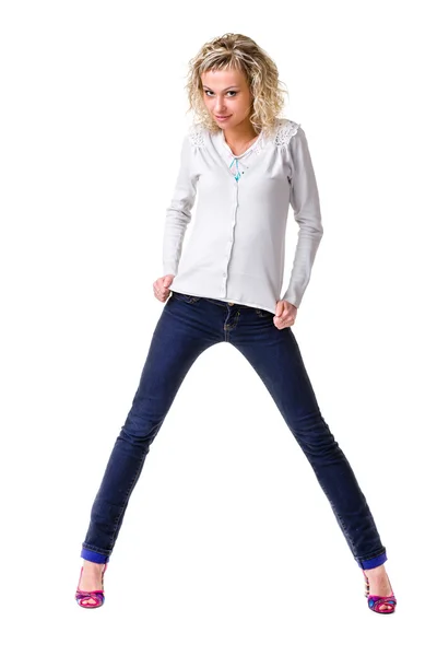 Full body young woman in casual clothes isolated over a white — Stock Photo, Image