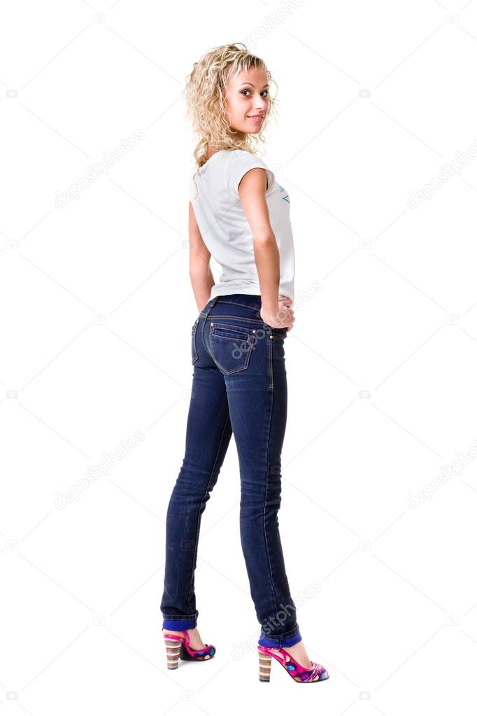 Ganzkörper Junge Frau In Lässiger Kleidung Isoliert über Einem Weißen Stockfotografie 