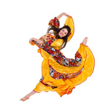 Çingene Kadın karşı izole beyaz arka plan atlama