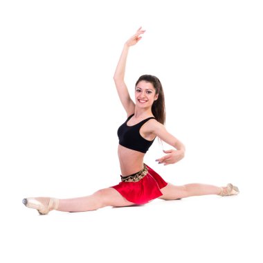 Young woman makes exercise isolated on white