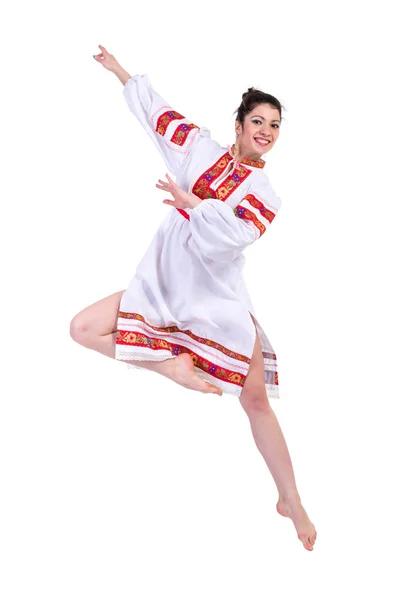 Hermosa bailarina en esmalte ucraniano ropa de traje tradicional nacional sonrisa feliz, retrato de cuerpo entero aislado — Foto de Stock