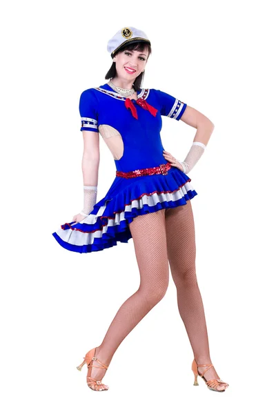 Young dancer woman dressed as a sailor posing on an isolated white background — Stock Photo, Image