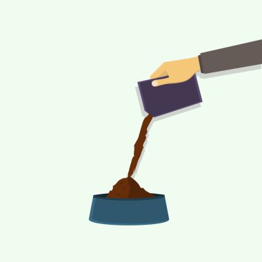 illustration of a hand giving food to an animal feeder such as a cat, flat design vector