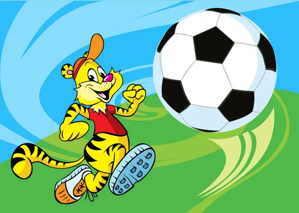 Tiger gestisce un illustrazione pallone da calcio — Vettoriale Stock