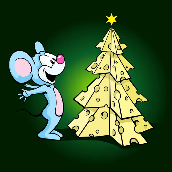 Cute happy mouse with cheese christmas tree — Stock Vector