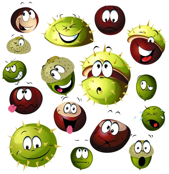 Chestnut and acorn cartoon character — Stock Vector