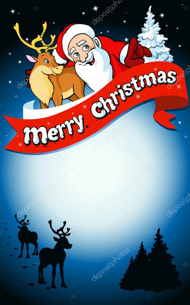 Merry christmas frame with santa, reindeer and snow