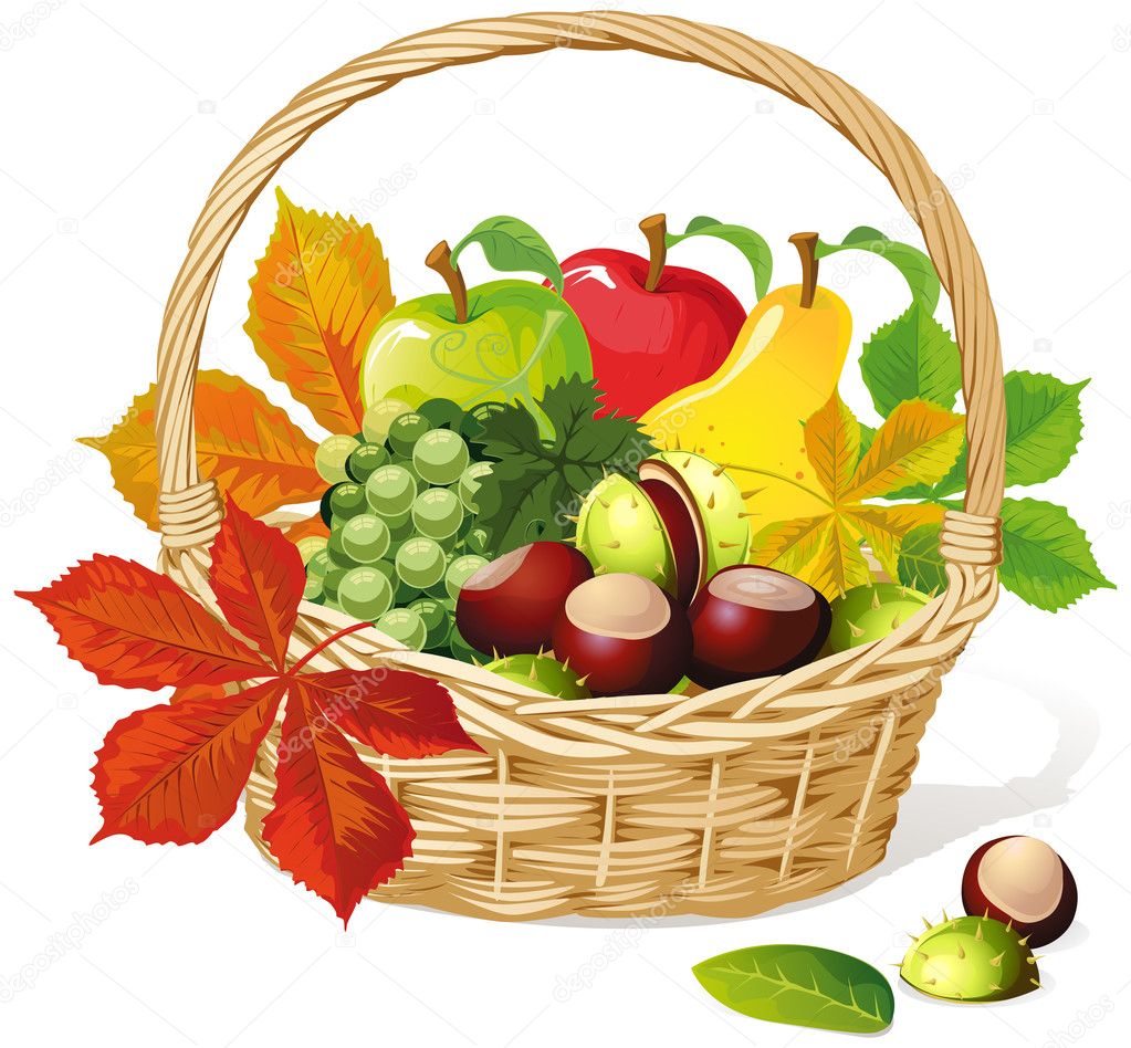 Basket with autumn fruit and vegetables, isolated