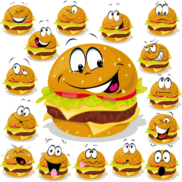 Hamburger illustrazione cartone animato con molte espressioni — Vettoriale Stock