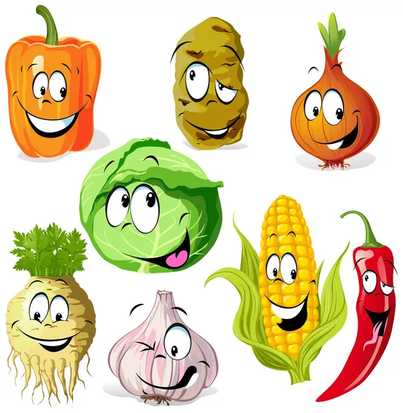 Desenhos animados de vegetais e especiarias engraçados Gráficos De Vetores