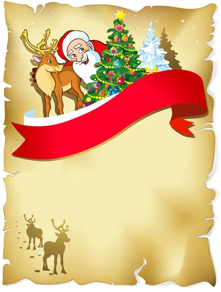 Merry christmas frame with santa, reindeer, snow and romantic silhouette — Stock Vector