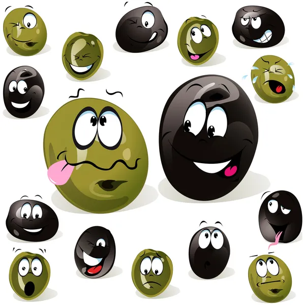 Black and green olive cartoon with facial expression — Stock Vector