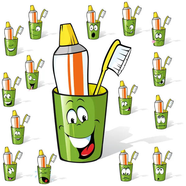 Cepillo de dientes y pasta de dientes en una taza - dibujos animados con muchas expresiones — Vector de stock