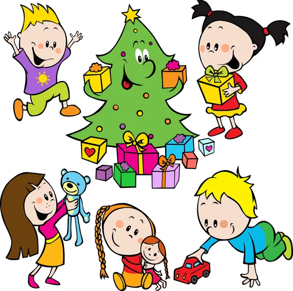 おもちゃやプレゼントを配ってクリスマス ツリーと遊んでいる子供たち — ストックベクタ