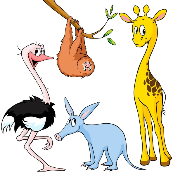 Schattig exotische dier - giraffe, luiheid, struisvogel en aardvark — Stockvector