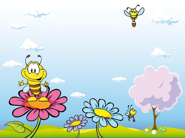 Bee cartoon zittend op bloem — Stockvector