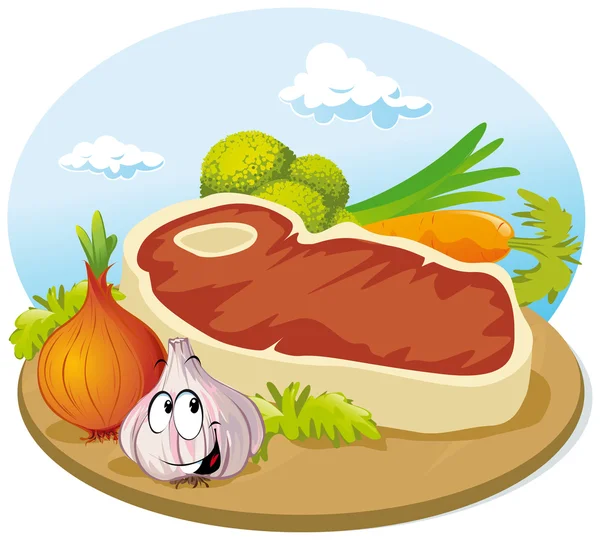 Steak on wooden cutting board — Stock Vector