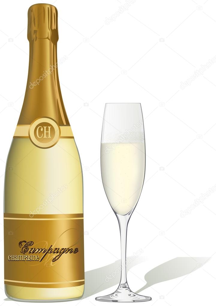 Glass of champagne and bottle isolated