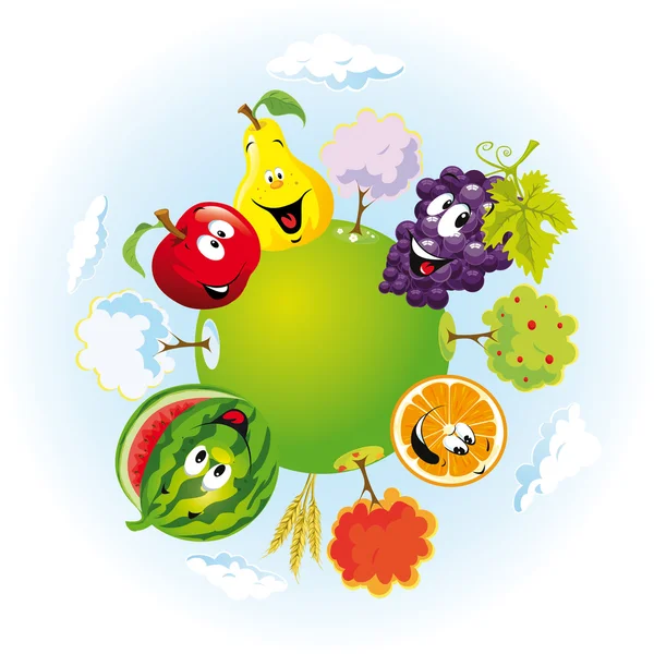 Planet with happy fruits — Stock Vector