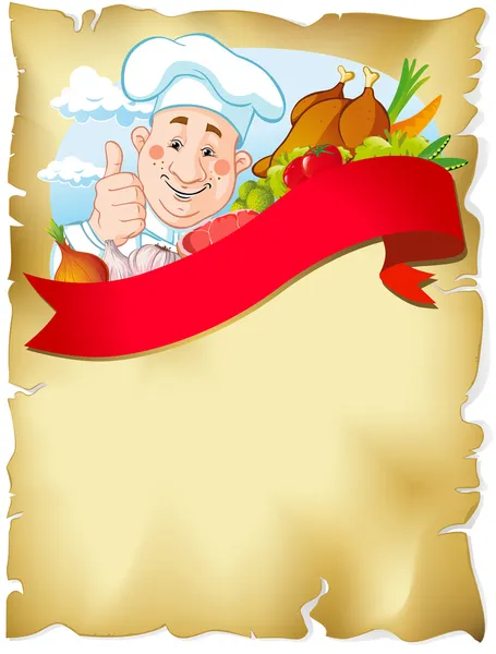 Vecchio sfondo di carta con chef e cibo — Vettoriale Stock